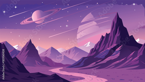 Dreamy Purple Mountain Valley Landscape Illustration