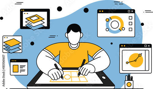 Vector Designer Creating Graphics on Tablet in Modern Workspace, Flat View