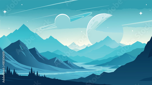Blue Mountain Landscape Illustration with Crescent Moon and Sky