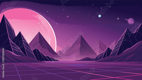 Fantasy Purple Mountain Landscape with Giant Moon