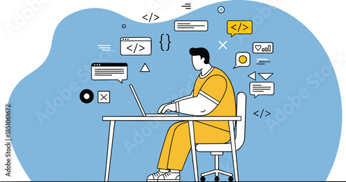 Vector Illustration of Programmer Working Remotely at Desk, Technology Workspace, Side View