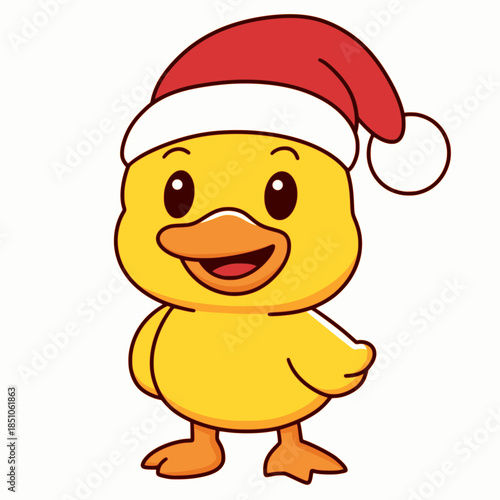 Vector of a cute duck wearing a Christmas hat isolated on a white background.