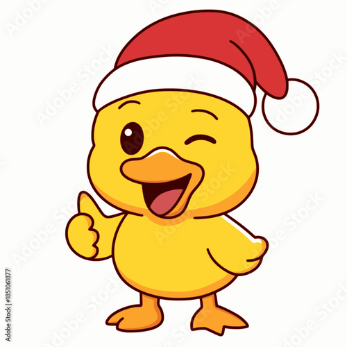 Vector of a cute duck wearing a Christmas hat isolated on a white background.