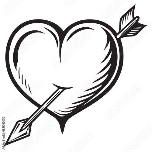 Classic black and white heart pierced by an arrow in a vintage woodcut style graphic design
