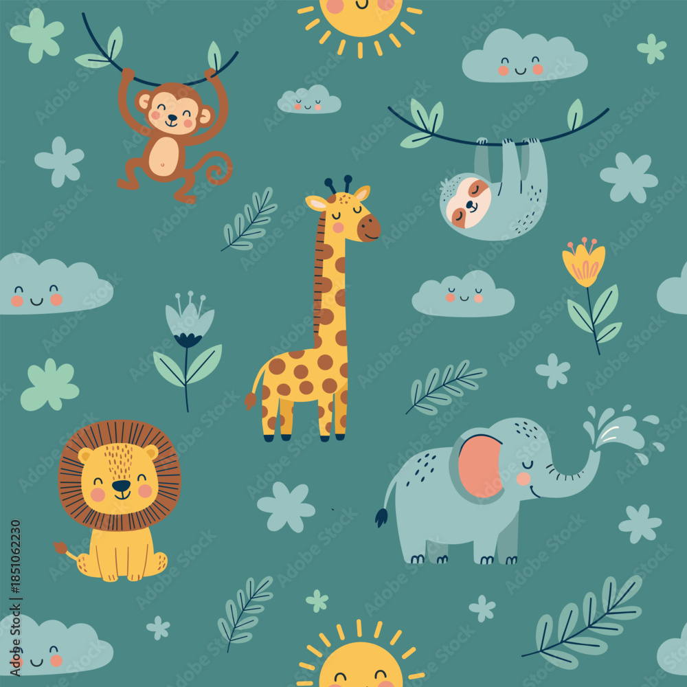 Fototapeta premium Colorful Cartoon Jungle Animals Illustration.