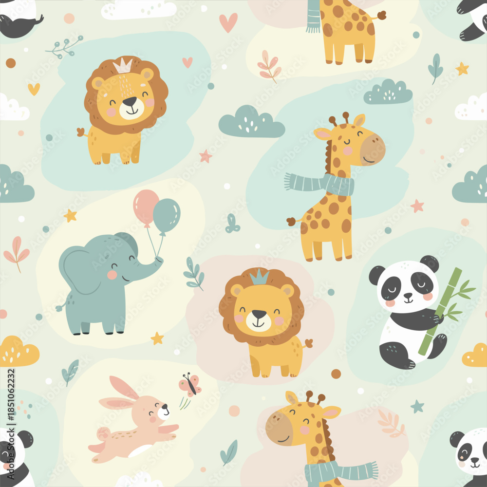 Fototapeta premium Colorful Cartoon Animals Pattern with Lion.