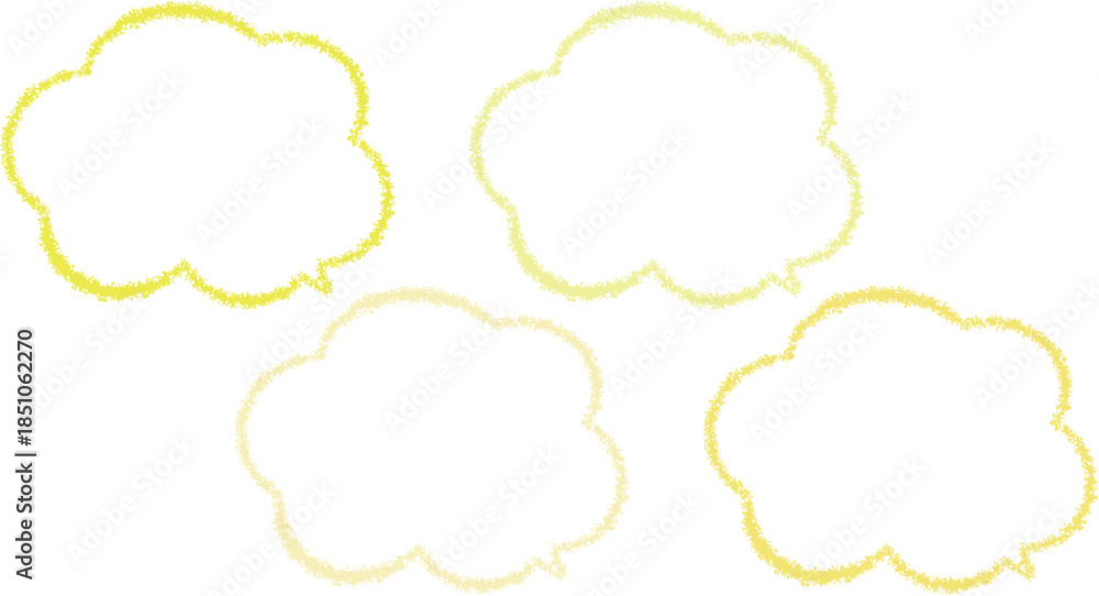 Fototapeta premium 微妙に色が異なる黄色のクレヨンで描いた、雲の形の吹き出しセット。手描き風。