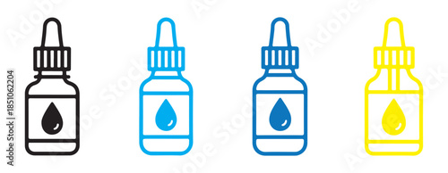 dropper bottle with liquid drop icon set in various colors for medical cosmetic products