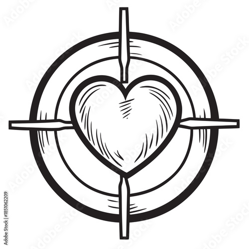 Black and white graphic icon depicting a heart centered perfectly within a crosshair target symbol