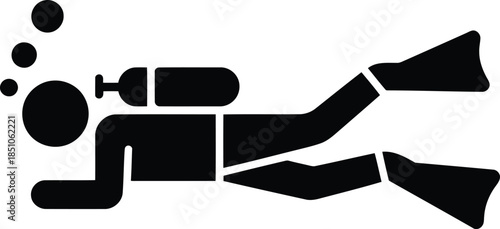 A clear black silhouette icon showing a scuba diver swimming underwater with air bubbles