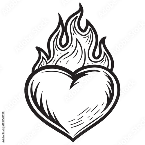 Black and white flaming heart illustration in vintage tattoo style perfect for passionate design concepts