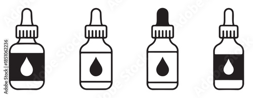 dropper bottle with liquid drop icon set black and white medical cosmetic products
