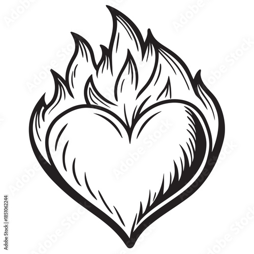 Black and white flaming heart icon in vintage tattoo style perfect for passionate design elements