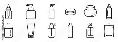 set of cosmetic and skin care product containers outline icons for beauty packaging