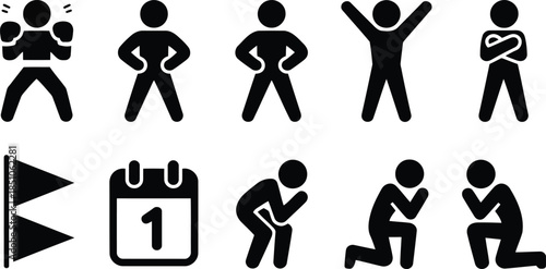 A collection of black silhouette icons depicts various human actions and symbols on a white background