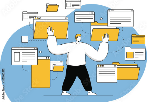 Vector Multitasking Workflow Man Managing Digital Folders Online Workspace Illustration