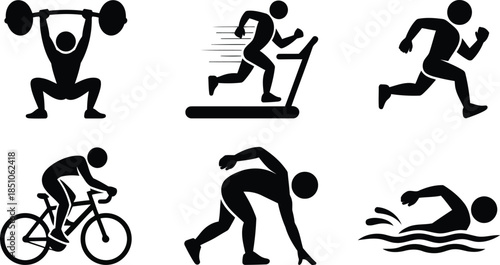 A collection of six black silhouette icons illustrating various fitness activities like weightlifting and running