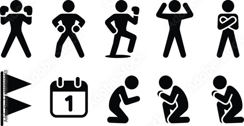 A collection of ten black silhouette icons representing diverse activities like boxing, posing, and a calendar