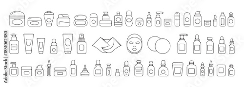 Cosmetic cream jar, spray bottle, tube and skin care product outline black white icons set