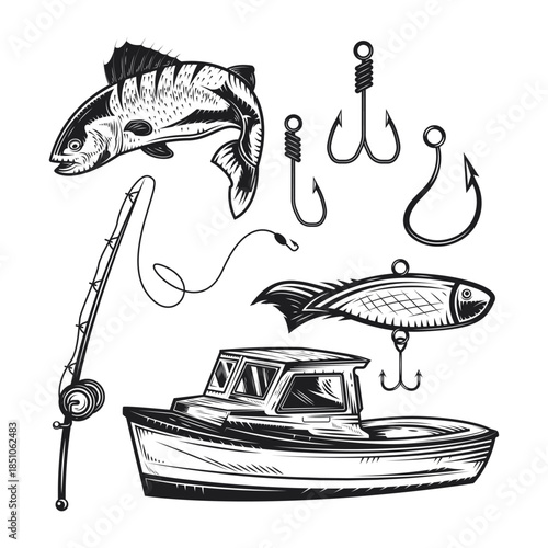 Essential gear for an exciting fishing adventure with boat, rod, and various hooks isolated on white background, Vector