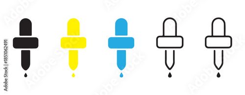Dropper pipette tool black, yellow, blue solid and outline icons set on white background