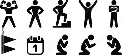 A collection of black stick figures and icons depicting various human actions and symbolic elements on white