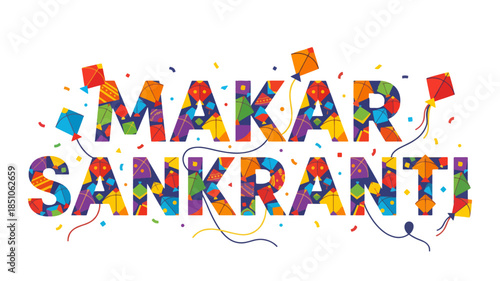 A creative typography design of 'Makar Sankranti' constructed from vibrant, colorful kites, isolated on a white background.
