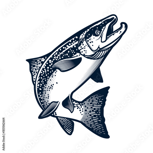 A leaping salmon vector illustration in a vintage woodcut style, perfect for fishing designs isolated on white background, Vector