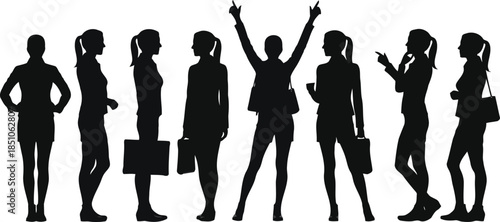A dynamic lineup of women silhouettes in varied business and casual attire on a crisp white backdrop
