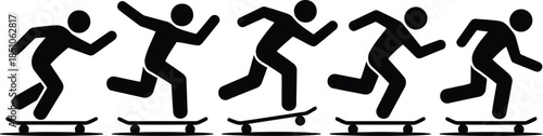 A dynamic sequence of five stick figures riding skateboards, illustrating movement and progression across a line