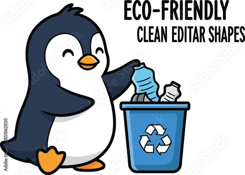 A penguin responsibly disposing of trash into a recycling bin
