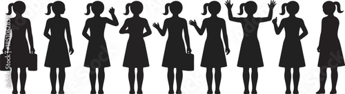 A line of female silhouettes in dresses performing various friendly gestures on a bright white backdrop