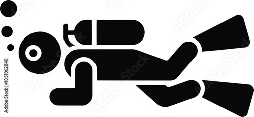 A minimalist black silhouette of a person scuba diving with an oxygen tank and fins in water
