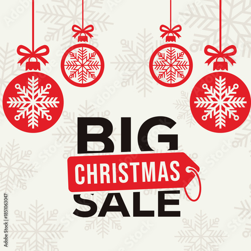 Festive Christmas sale poster with bold SALE and end of season text on a light background, featuring hanging red baubles with white snowflake icons, ideal for winter holiday retail and online promotio