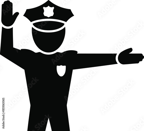 A simple black silhouette icon depicting a police officer actively directing traffic with raised arms