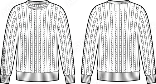 Ribbed knit sweater fashion technical sketch vector illustration isolated apparel design template front back view winter clothing stock marketplace commercial