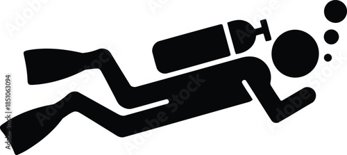 A sleek black silhouette of a person scuba diving with an air tank and flippers in clear water