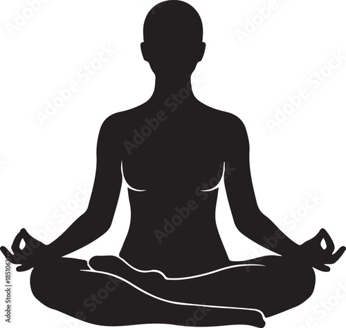 Female Yoga Meditation Silhouette in Lotus Pose on White Background.