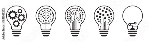 Idea light bulb icon set with gears brain and circuit board symbols on white background