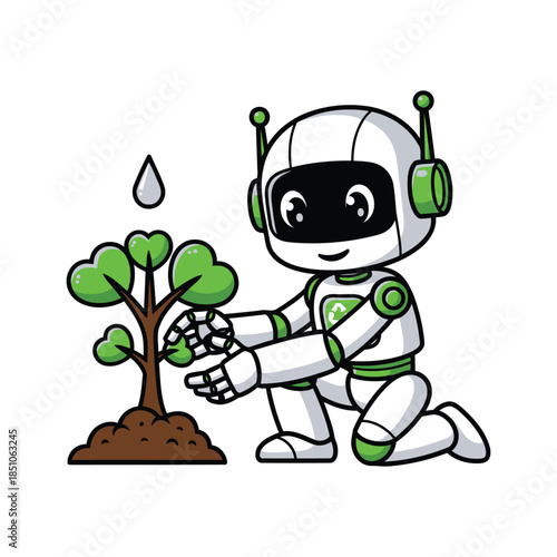A charming robot gently tends to a flourishing green plant