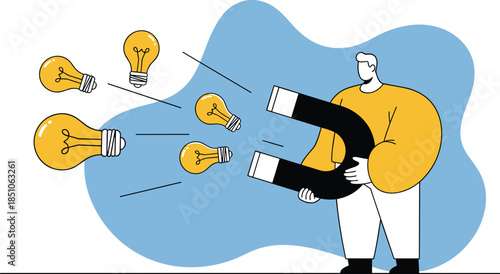 Person Attracting Ideas with Magnet, Business Concept, Flat Design, Perspective