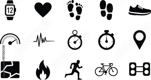An extensive collection of monochrome icons illustrates fitness activities, tracking tools, and health concepts