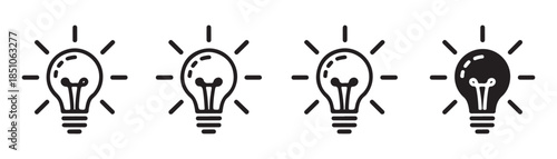 set of four black and white line art lightbulb icons with radiating lines on white background