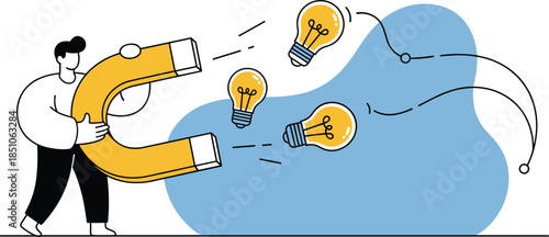 Vector Illustration of Person Attracting Ideas with Magnet, Business Concept, Flat View