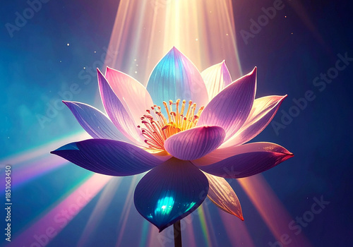 High quality image  of a translucent studio background with light prisms created by light sunlight, the atmosphere is magical, ephemeral, modern, in the center there is a a flower made of clouds