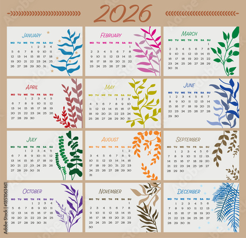 2026 yearly calendar with all months on one page. Floral botanical design in soft colors. Clean layout for planning, printing, home, office, and wall decor.