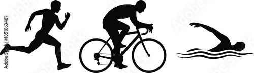 Minimalist black silhouettes depicting a male athlete running, biking, and swimming in water