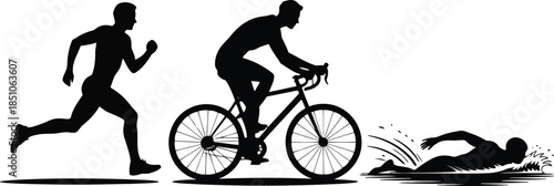 Silhouettes of a man running, cycling on a bicycle, and swimming in water for a triathlon event