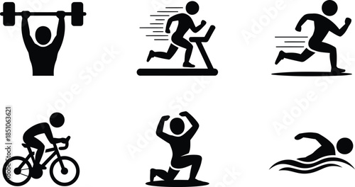 Six black silhouette icons showing various physical activities such as weight training, running, cycling, and swimming