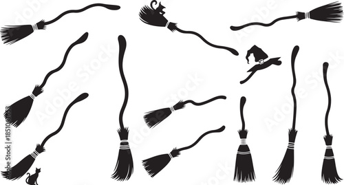 Flying Witch on Broom Silhouette Set – Halloween Magic Black Vector Icons on White Background.
